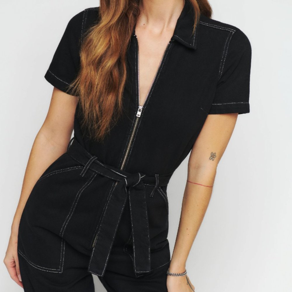 Reformation Cassidy Black Denim Jumpsuit, Size 10 - Picture 5 of 9